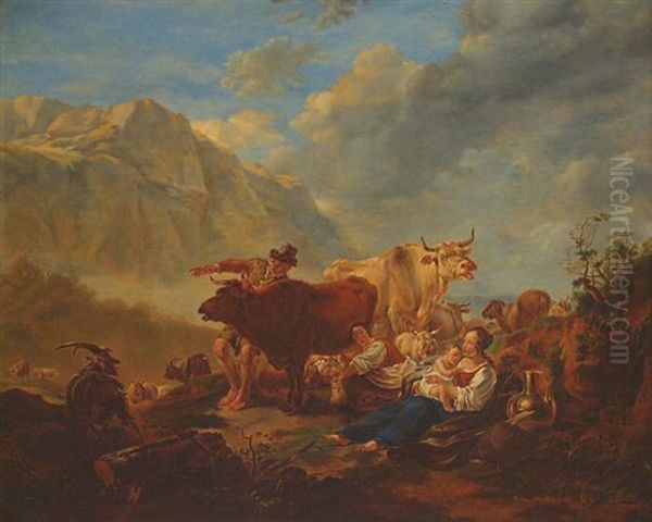 Familie Mit Weidevieh Auf Der Hochalm Oil Painting by Edmund Mahlknecht