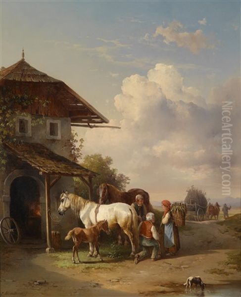 Beim Hufschmied Oil Painting by Edmund Mahlknecht