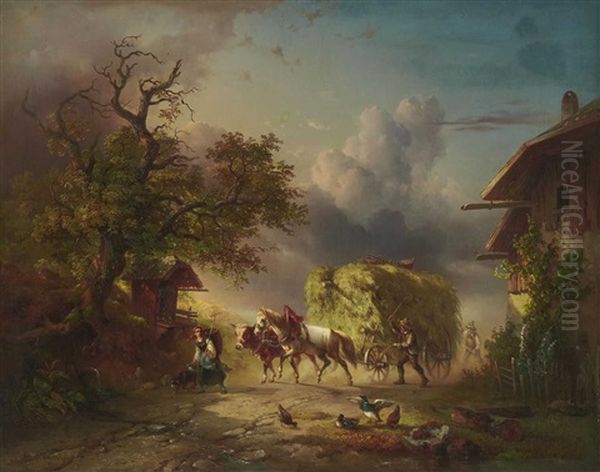 Bauern Mit Heuwagen Auf Dorfstrase Oil Painting by Edmund Mahlknecht