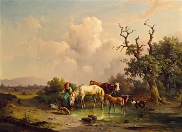 Magd Mit Tieren An Der Tranke Oil Painting by Edmund Mahlknecht