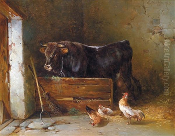 Im Stall Oil Painting by Edmund Mahlknecht