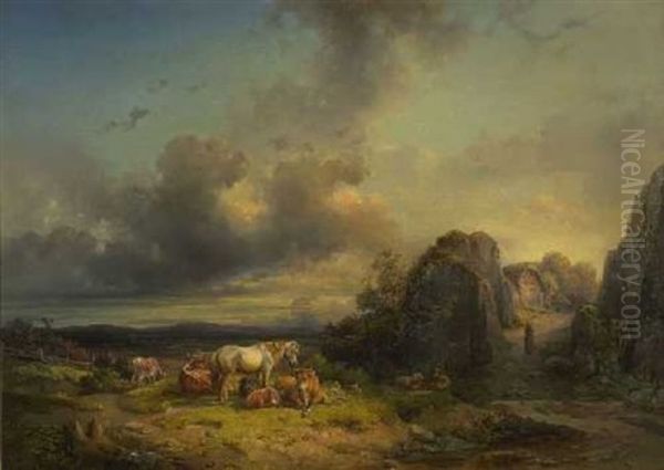 Vieh Auf Der Weide In Felsiger Landschaft Oil Painting by Edmund Mahlknecht