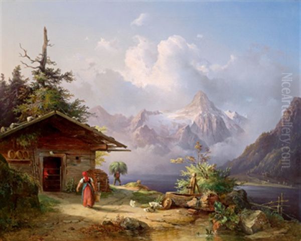 Blick Auf Den Dachstein, Im Vordergrund Hutte Und Figurliche Staffage Oil Painting by Edmund Mahlknecht