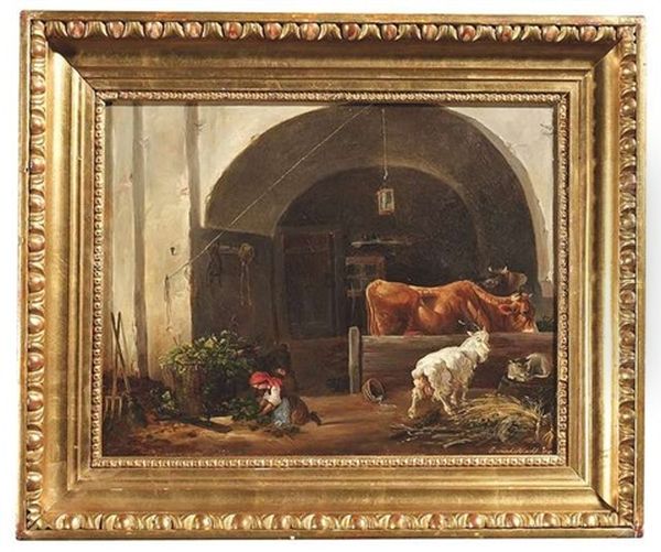 Stallinterieur Mit Einer Knienden Magd Oil Painting by Edmund Mahlknecht