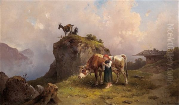 Kleine Hirtin Auf Der Alm Oil Painting by Edmund Mahlknecht