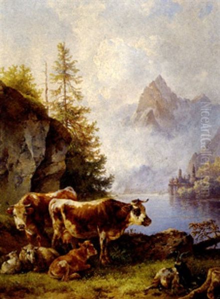 Rastende Kuhe, Kalb, Schafe Und Ziege Am Ufer Eines Malerischen Gebirgsees (konigssee?) Oil Painting by Edmund Mahlknecht