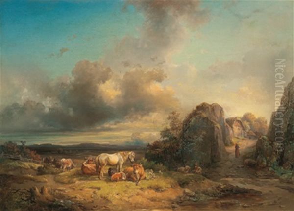 Auf Der Weide Vor Weiter Landschaft Oil Painting by Edmund Mahlknecht