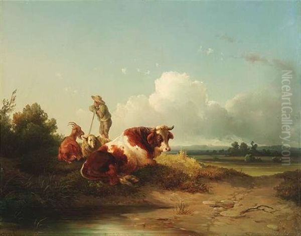 Kuh, Ziege Und Schaf Ruhend, Von Ihrem Hirten Bewacht (+ Kuh, Ziege Und Widder Auf Einer Wolkenverhangenen Anhohe, Oil On Cardboard; Pair) Oil Painting by Edmund Mahlknecht