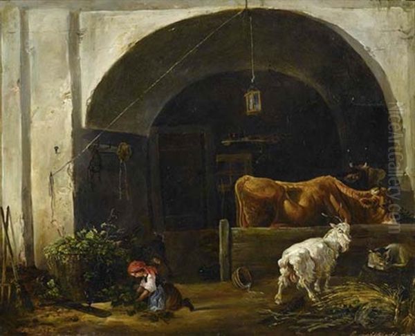 Stallinterieur Mit Magd Oil Painting by Edmund Mahlknecht