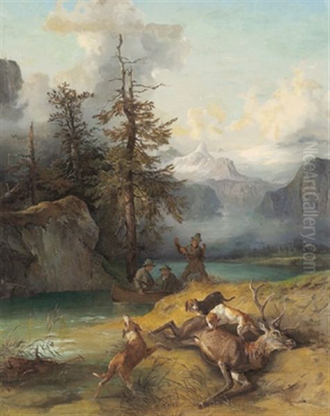 Jagdhunde Und Jager Bei Einem Erlegten Hirsch, Im Hintergrund Der Dachstein Oil Painting by Edmund Mahlknecht