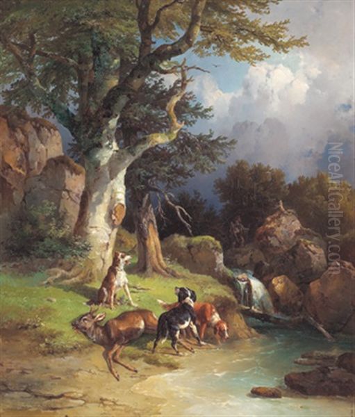 Jagdhunde Bei Einem Erlegten Rehbock Oil Painting by Edmund Mahlknecht