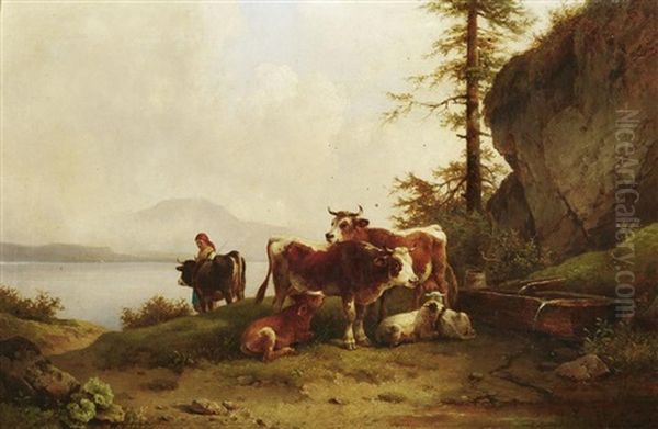 An Der Tranke: Hirtin Und Vieh Am Ufer Eines Bergsees Oil Painting by Edmund Mahlknecht