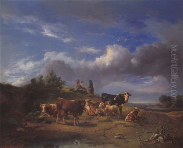 Tierherde Mit Hirtenfamilie Oil Painting by Edmund Mahlknecht