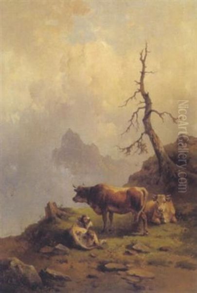 Kuhe Auf Der Alm Oil Painting by Edmund Mahlknecht