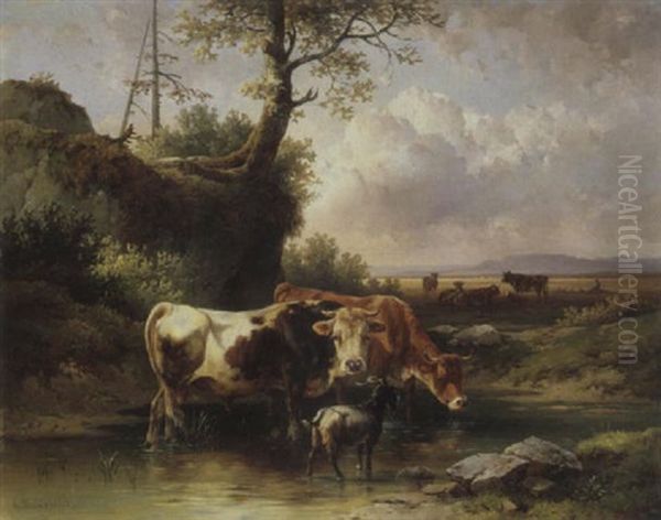 Landschaft Mit Rindern Und Einer Ziege Am Wasser by Edmund Mahlknecht