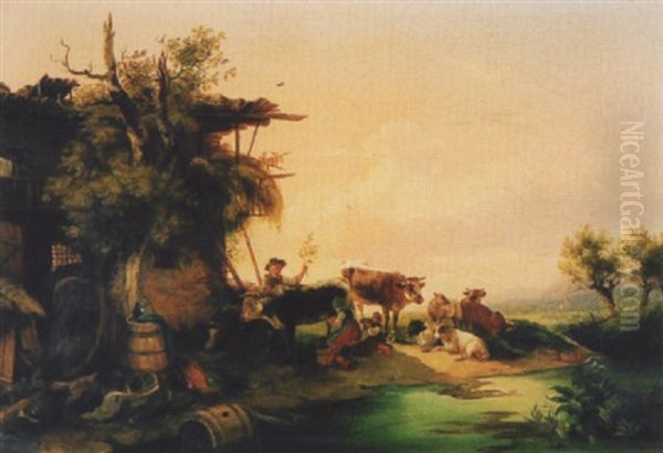 Flusslandschaft Mit Bauernfamilie Und Kuhen Oil Painting by Edmund Mahlknecht