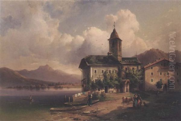 A Village Scene By A Lake by Edmund Mahlknecht