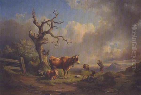 Hirte Mit Kuhen, Schafen Und Ziege Auf Einer Anhohe Oil Painting by Edmund Mahlknecht