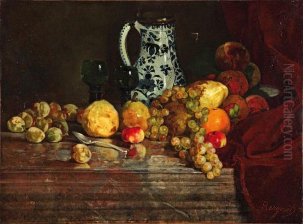 Composition Aux Fruits Et Au Pot Bleu Oil Painting by Denis Pierre Bergeret