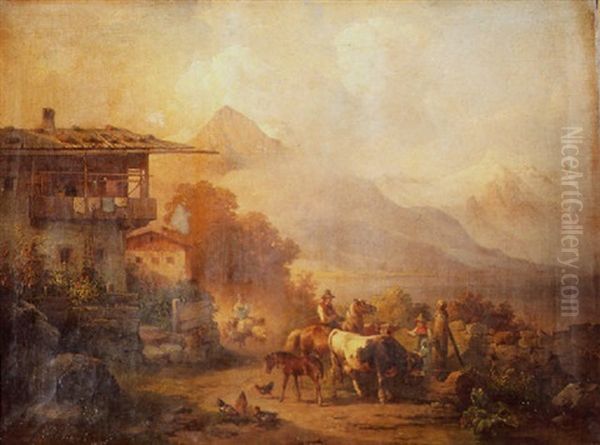 Untitled (mountain Village Landscape With Figures) Oil Painting by Edmund Mahlknecht