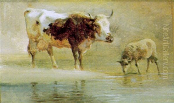 Tiere Am Bachufer Oil Painting by Edmund Mahlknecht