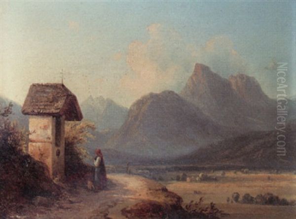 Mountainous Landscape With A Woman On A Path Oil Painting by Edmund Mahlknecht