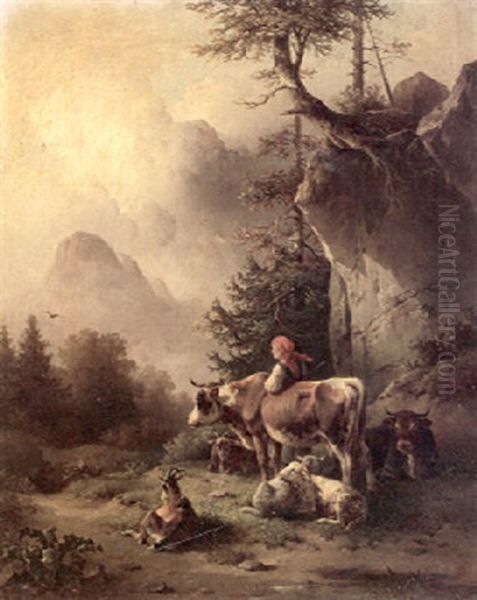 An Alpine Landscape With A Peasant Woman With Her Cows, Sheep And Goats In The Foreground Oil Painting by Edmund Mahlknecht