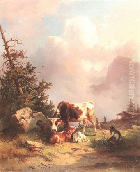 Almlandschaft Mit Rindern Oil Painting by Edmund Mahlknecht