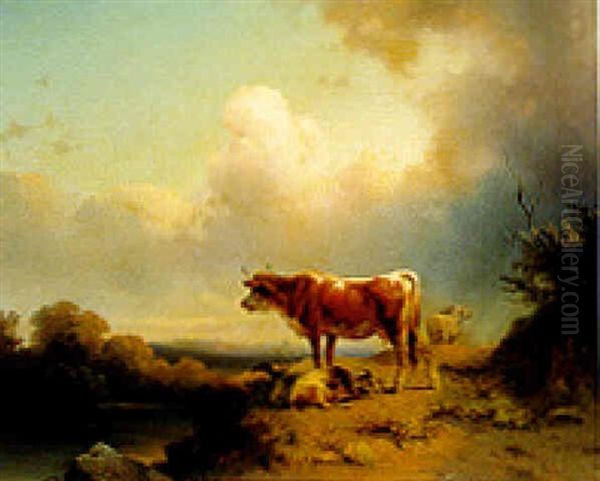 Cattle In A River Landscape With An Approaching Storm Oil Painting by Edmund Mahlknecht