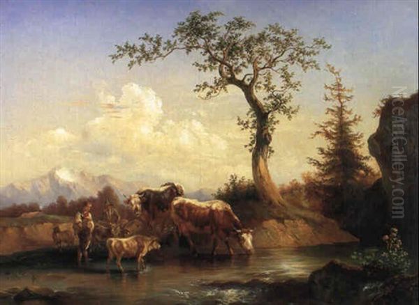 Viehhirten An Der Furt Oil Painting by Edmund Mahlknecht