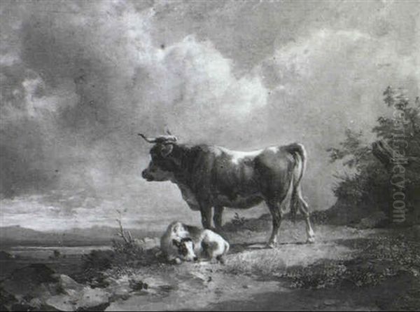 Kuh Mit Kalb Auf Der Weide Oil Painting by Edmund Mahlknecht