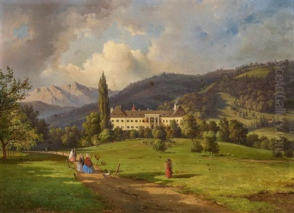 Castle Ebenzweier In Altmunster At Lake Traunsee Oil Painting by Josef Anton Mahlknecht