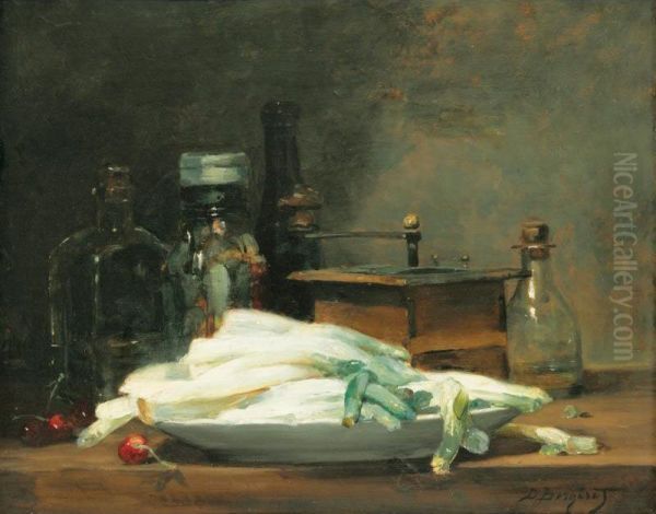 Le Plat D'asperges [ ; Still Life With Asparagus ; Oil On Cardboard ; Signed Lower Right D Bergeret ; Stamped Bernheim Jeune Expert On The Reverse] Oil Painting by Denis Pierre Bergeret