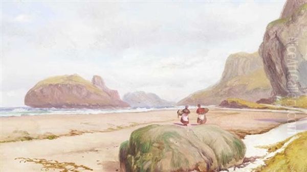 Cockle Pickers (+ Man With Cart Along The Shore; Pair) Oil Painting by James Mahoney