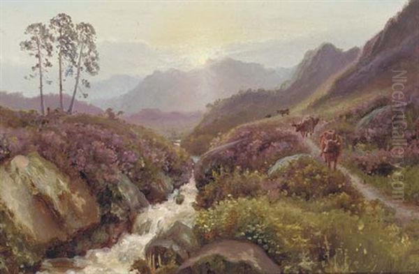 Cattle By A Brook, Hathersage, Derbyshire Oil Painting by James Mahoney