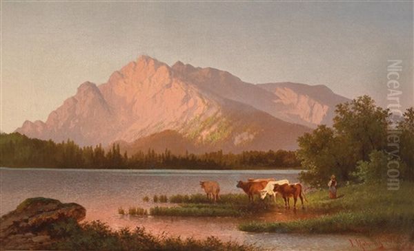 Partie An Der Salzach Mit Untersberg Oil Painting by Josef Mahorcig