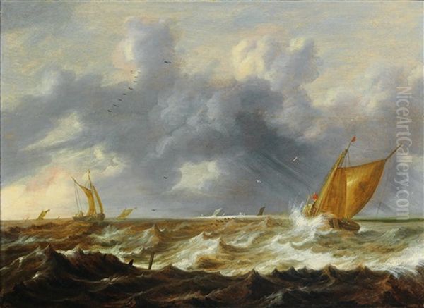 Sailing Boats In Choppy Waters Oil Painting by Cornelis Mahu