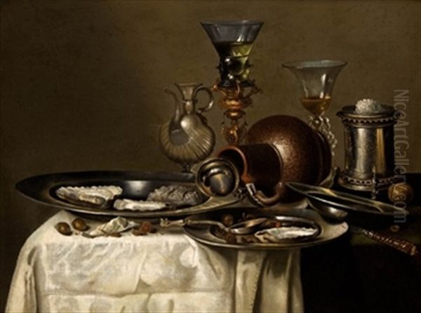 Bodegon Con Orfeberia, Copas De Cristal Y Ostras Oil Painting by Cornelis Mahu