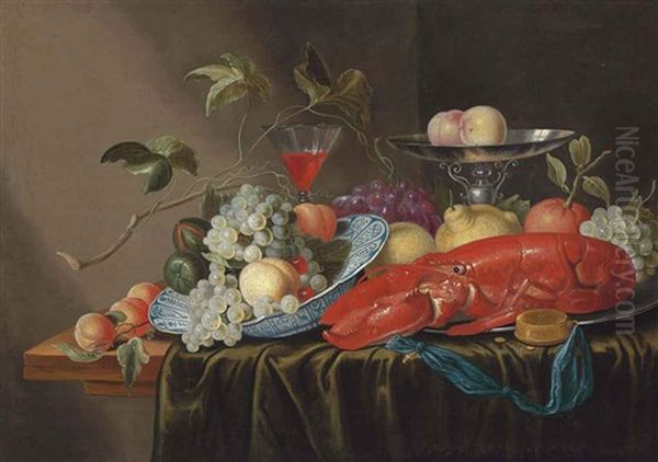 Grapes, Peaches, Cherries And Figs In A Wan-li Porcelain Bowl, A Lobster, With An Orange And Lemon, On A Pewter Platter... Oil Painting by Cornelis Mahu