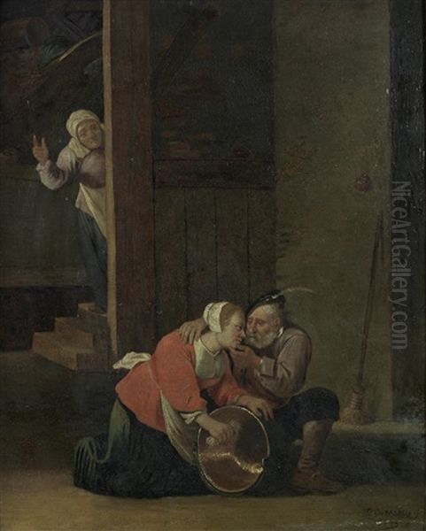 An Old Man Courting A Young Maid In A Barn Interior (after David Teniers The Younger) Oil Painting by Cornelis Mahu