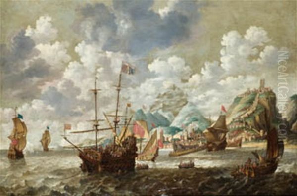 Barcos Frente A Un Puerto Fortificado Oil Painting by Cornelis Mahu