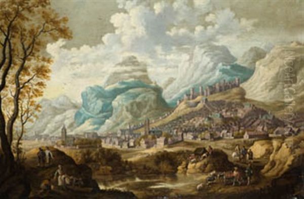 Escena De Campesinos Con Ciudad Al Fondo Oil Painting by Cornelis Mahu