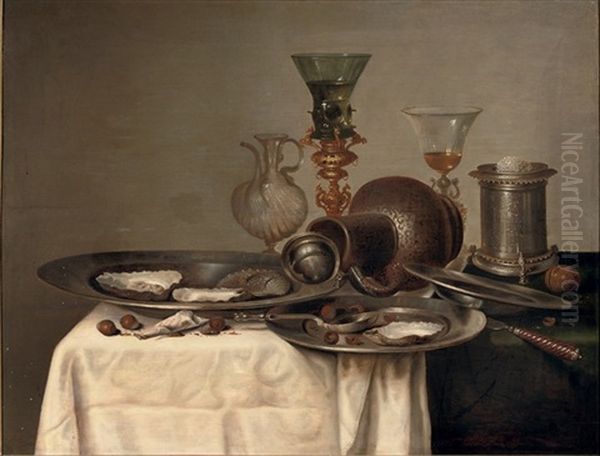 Oysters And Hazelnuts On Pewter Dishes, A Roemer In A Bekerschroef, A Silver Salt Cellar And An Earthenware Jug, All On A Partly Draped Table Oil Painting by Cornelis Mahu