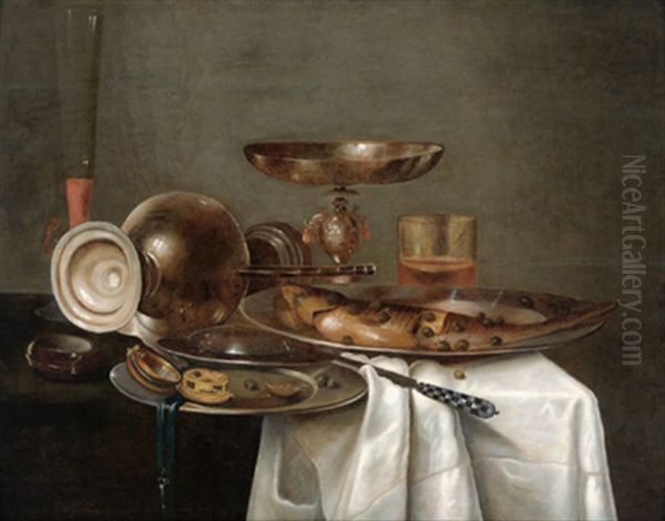 Stillleben Mit Silbergeschirr, Einer Tazza Und Einem Umgesturzten Pokal, Zinntellern Mit Einem Hering Sowie Einer Gefullten Sektflote Und Einem Gefullten Weinglas Oil Painting by Cornelis Mahu