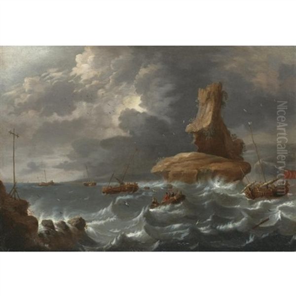 A Seascape With Smalschips In Coastal Waters Oil Painting by Cornelis Mahu