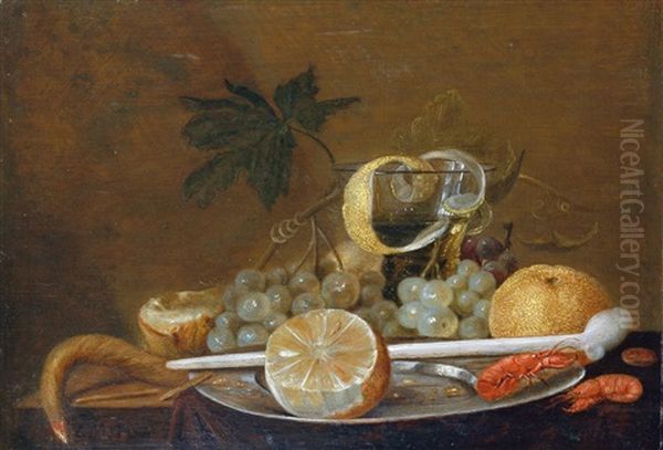 Stilleben Mit Fruchten, Gekochten Krabben Und Einer Tonpfeife Oil Painting by Cornelis Mahu