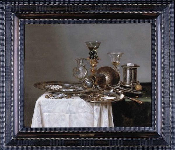 A Still Life With A Roemer, A Wine Glass, An Ice Bucket, Three Pewter Dishes And Other Objects, All Arranged On A Partly Draped Table Oil Painting by Cornelis Mahu