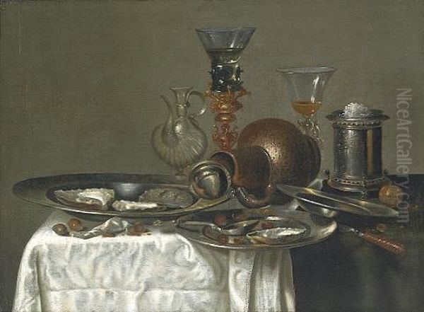 Oysters And Hazelnuts On Pewter Plates With A Stoneware Jug, A Silver Brazier And Glasses On A Table Draped With A White Cloth Oil Painting by Cornelis Mahu