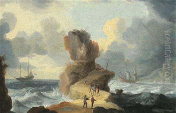 Felsige Kustenlandschaft Mit Figuren Und Schiffen Auf Bewegter See Oil Painting by Cornelis Mahu