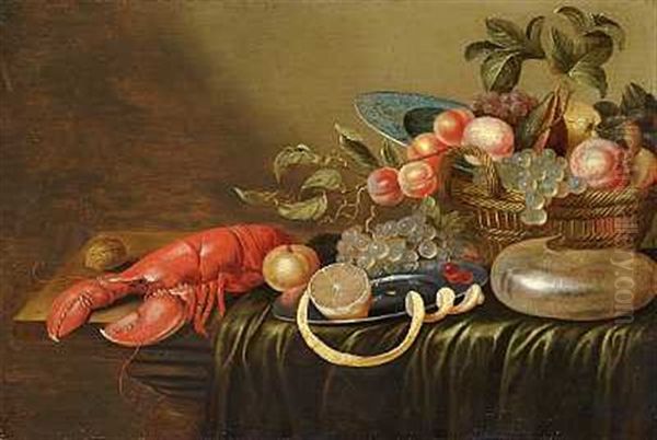 Nature Morte Med Hummer Og Frugter I En Kurv Oil Painting by Cornelis Mahu